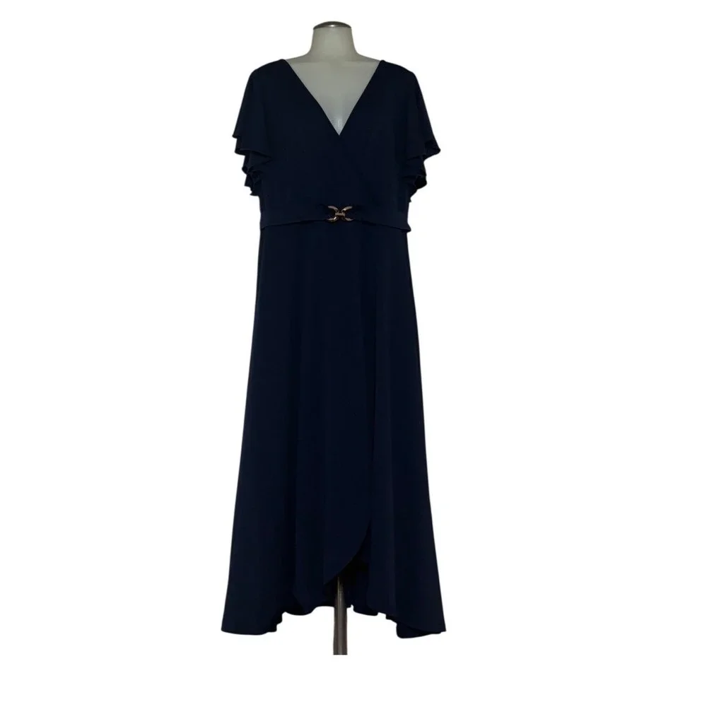 Midi Wrap Dress Women 1XL Navy Blue Good High-Low Ruffle Sleeve Gold Buckle NWOT